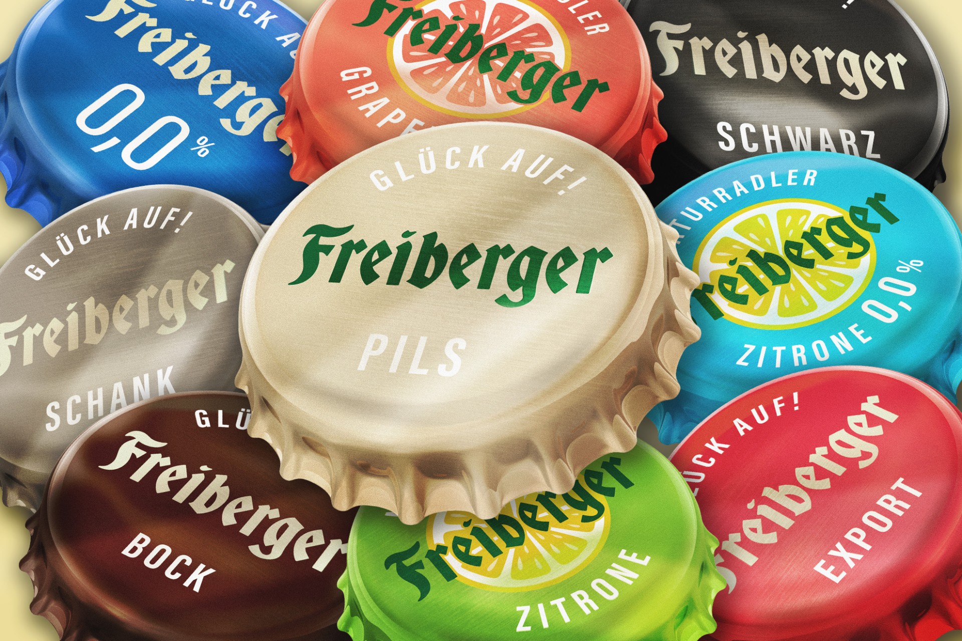 Verschiedene bunte Flaschenverschlüsse mit Text sind angeordnet. Jeder Deckel repräsentiert eine andere Getränkesorte.