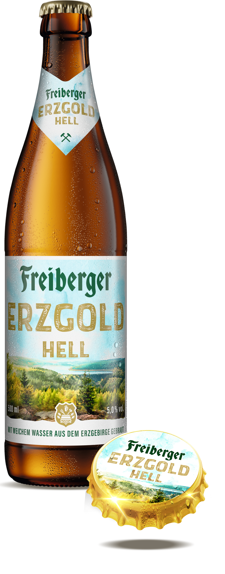 Eine Flasche Freiberger Erzgold Hell steht im Bild mit Tautropfen, daneben ein Kronkorken mit gleicher Aufschrift.