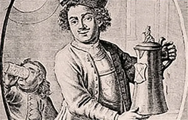 Eine stilisierte historische Darstellung zeigt eine Person in traditioneller Kleidung mit einem Pokal.