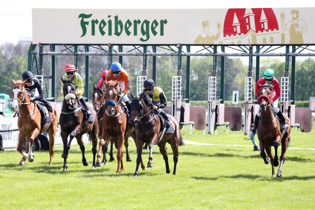 Mehrere Jockeys in farbigen Uniformen reiten Pferde auf einer Rennbahn.
