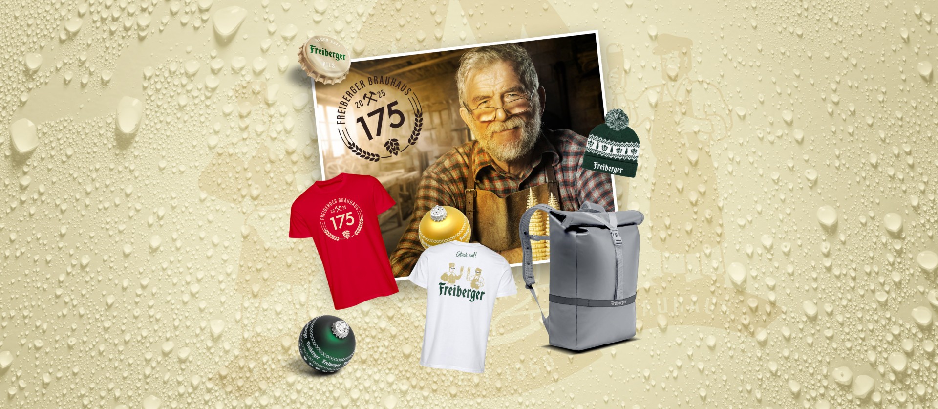 Mehrere Gewinnabbildungen, wie T-Shirts, Weihnachtskugeln, einer Tasche und einer Mütze mit der Aufschrift Freiberger. Dahinter ein Bild eines älteren Mannes.