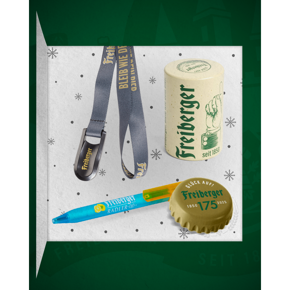 Abbildung eines Schlüsselbandes, eines Öffners, eines Kugelschreibers und einem Kronkorken.